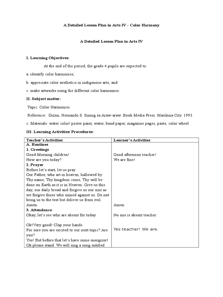 A Detailed Lesson Plan In Arts Iv Manlangit Mapeh 4 Yellow Green