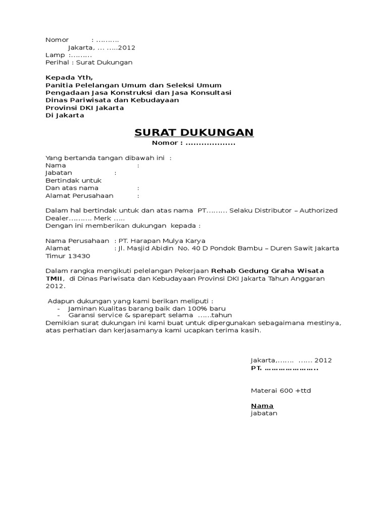 Contoh Surat Pernyataan Dukungan Masyarakat