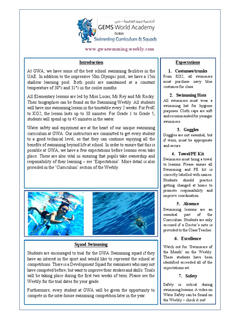 GWA Elementary Swimming Curriculum | PDF | Swimming (Sport) | Human ...