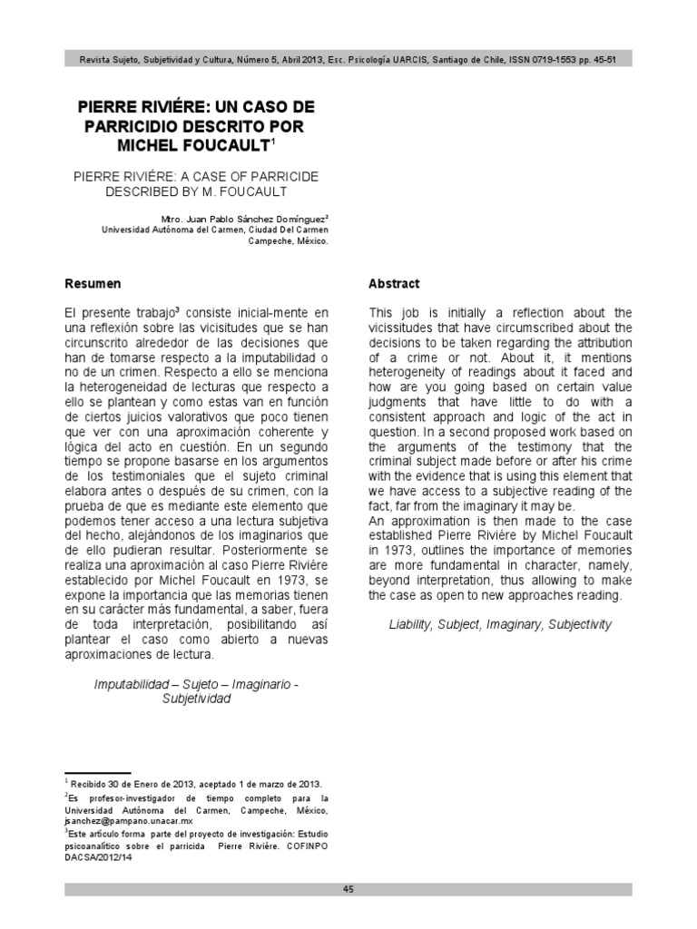 PIERRE RIVIÉRE A CASE OF PARRICIDE DESCRIBED BY MICHEL FOUCAULT