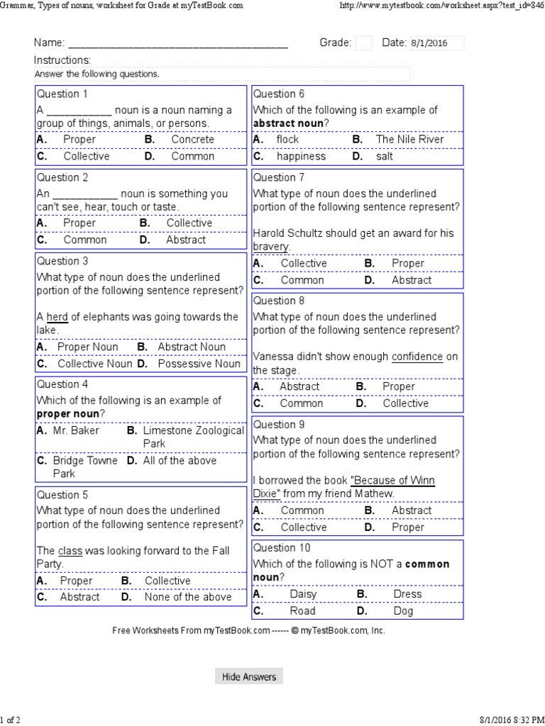 Types Of Nouns Worksheet For Grade 2