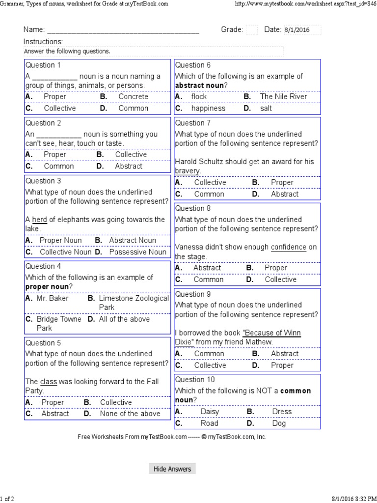 Grammar Types Of Nouns Worksheet For Grade At MyTestBook PDF