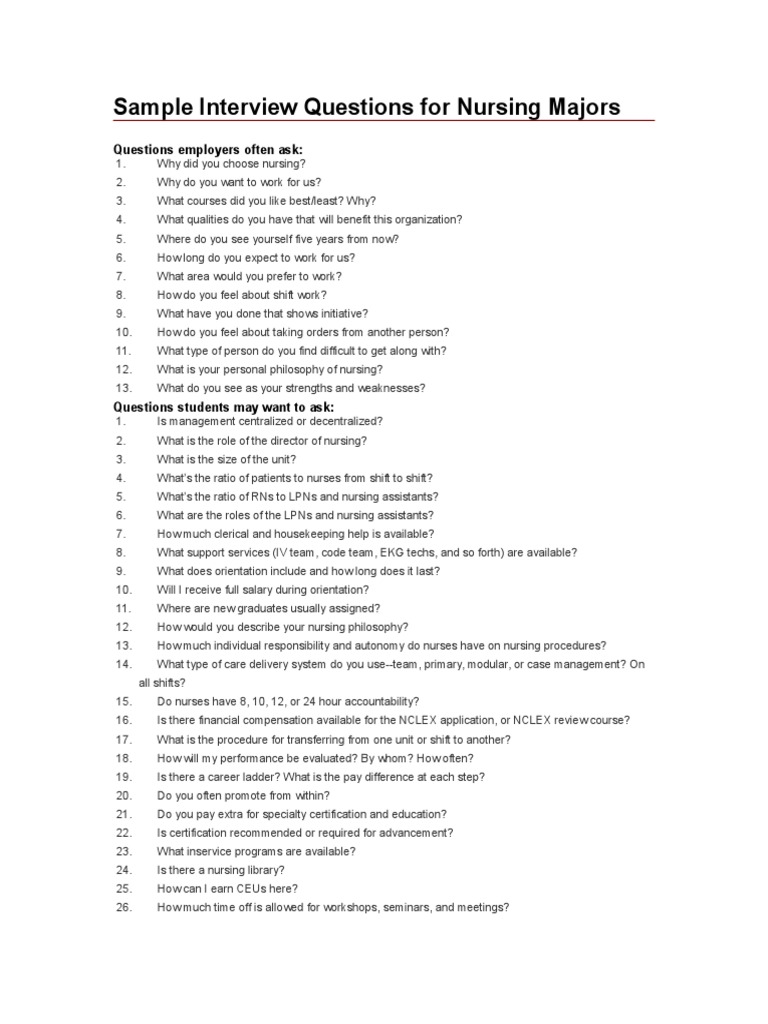 Sample Interview Questions For Nursing Majors | PDF | National Council ...
