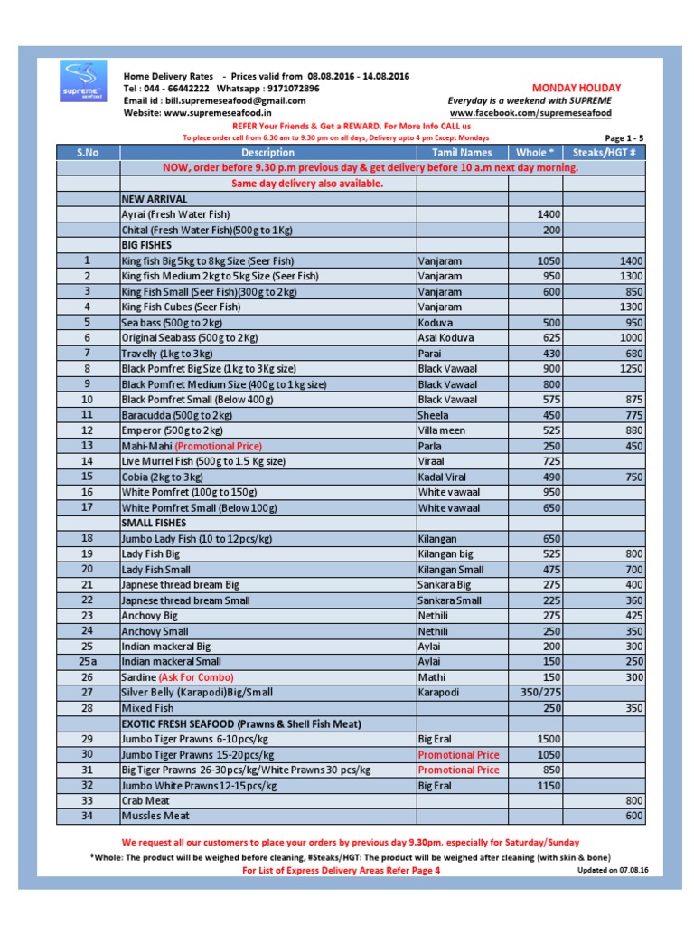 Price List PDF Shellfish Seafood
