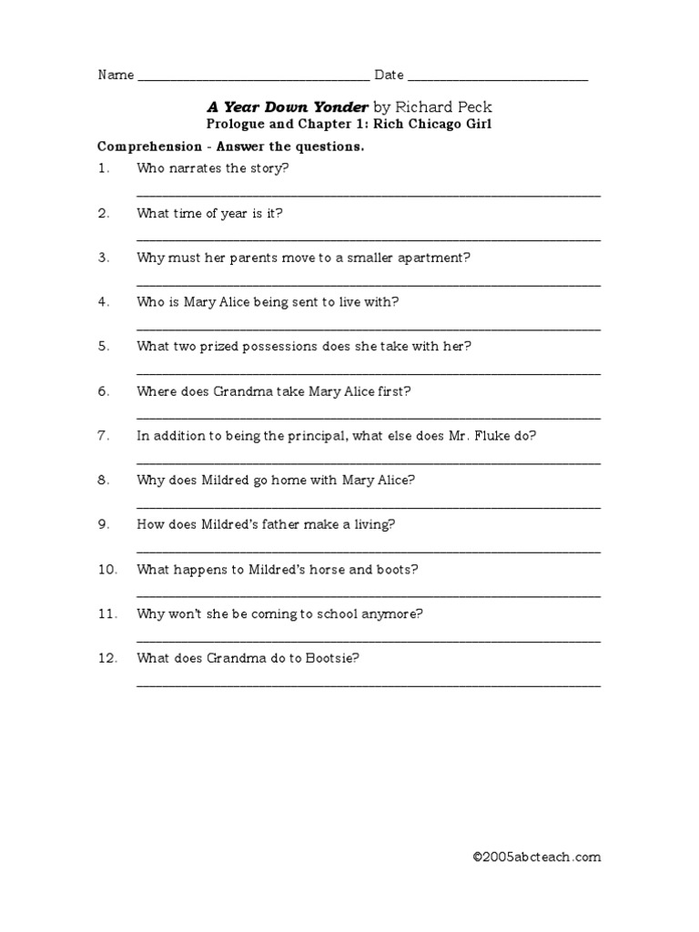 A Year Down Yonder Comprehension and Vocabulary PDF