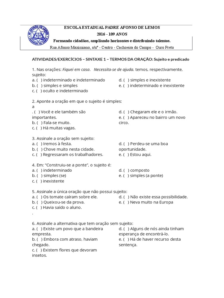 Sujeito: Exercícios para praticar – Blog