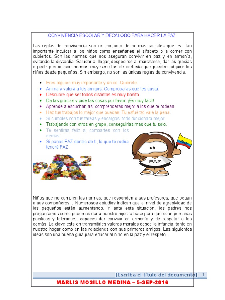 Convivencia Escolar y Decálogo para Hacer La Paz | PDF | Salud y bienestar