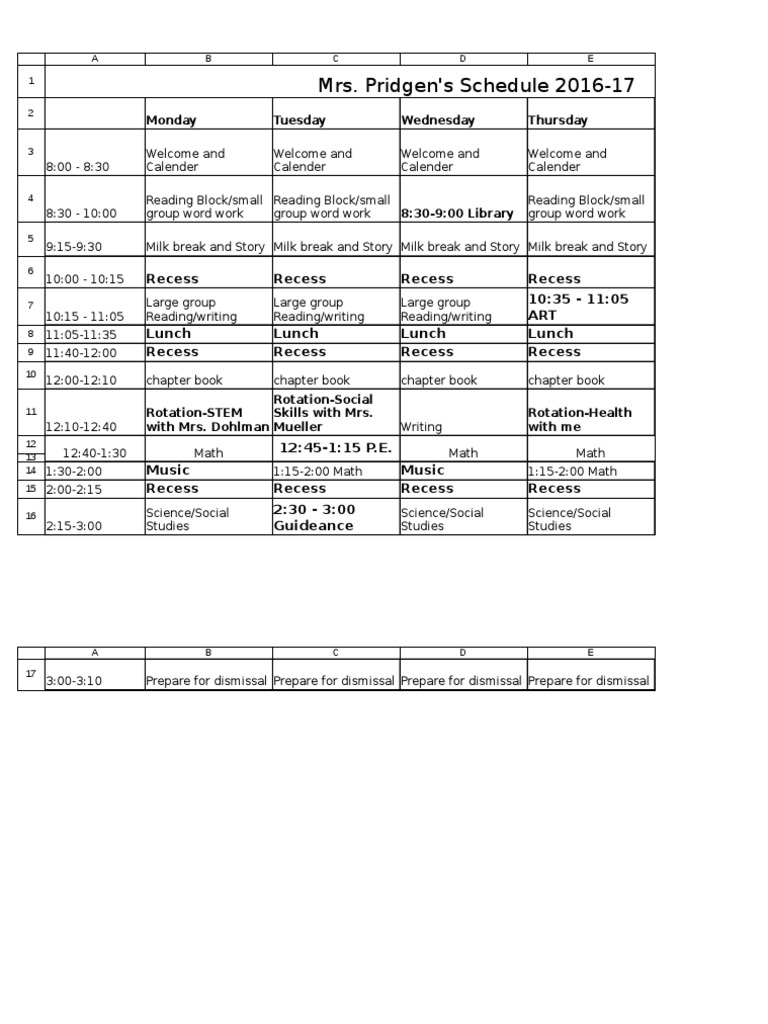 Mrs. Pridgen's 2016-17 Weekly Schedule | PDF | Language Arts & Discipline