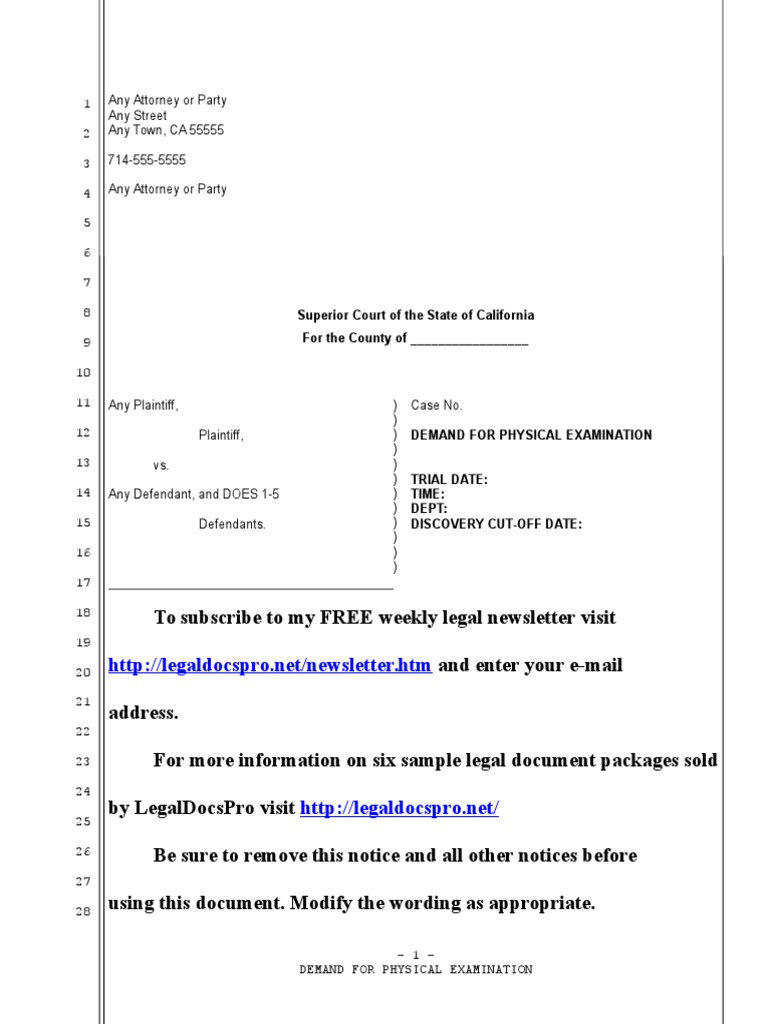 Sample Demand For Physical Examination in California PDF