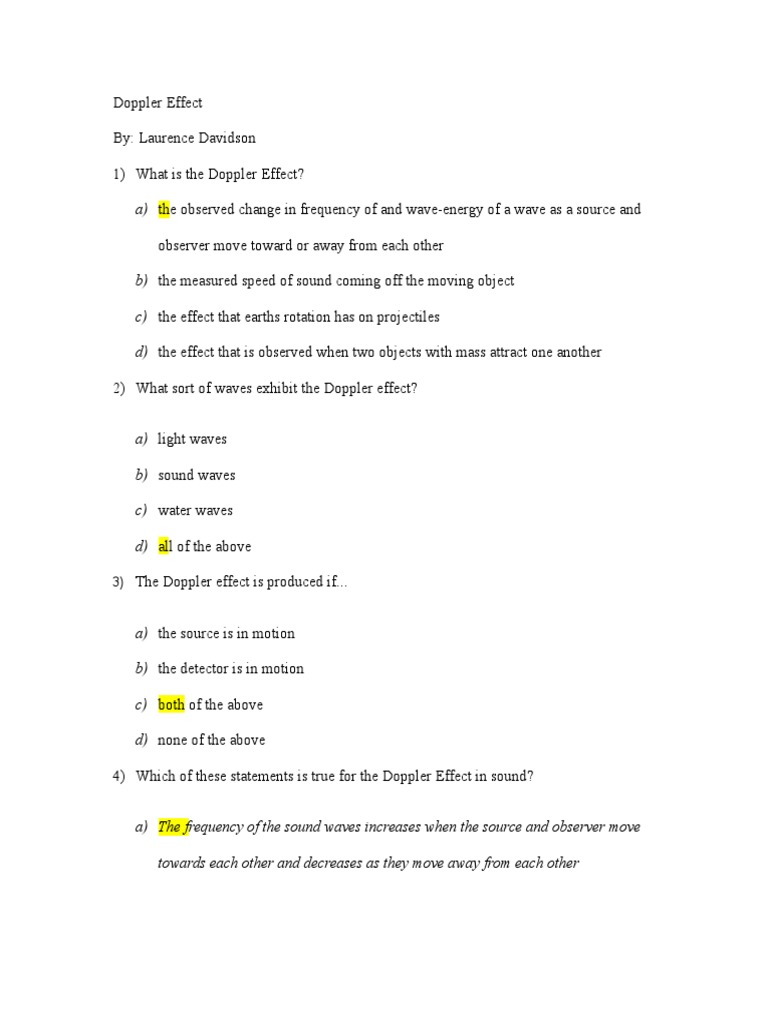 Doppler Effect Quiz PDF Doppler Effect Sound