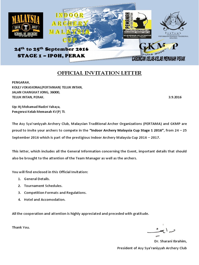 Invitation Letter Malaysia Cup Stage 1 | Archery | Bow And Arrow | Free