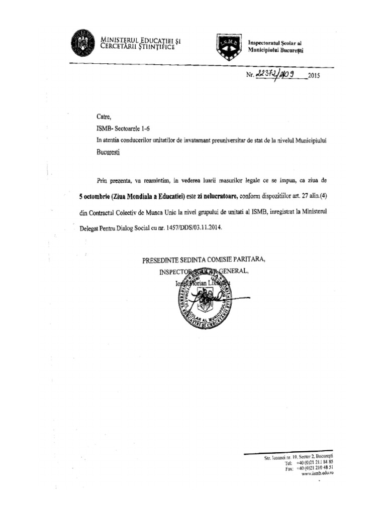 Adresa Ismb 5 Octombrie 2015 Zi Libera Pentru Scolile Din Bucuresti