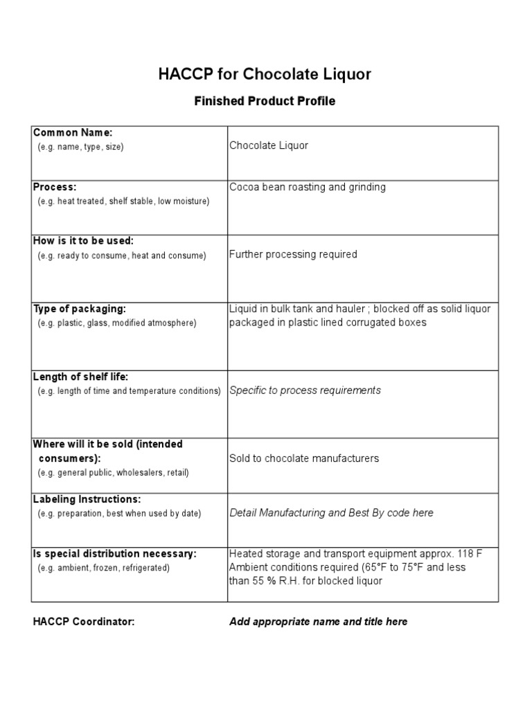 ChocolateLiquorHACCP.xls Shelf Life Chocolate