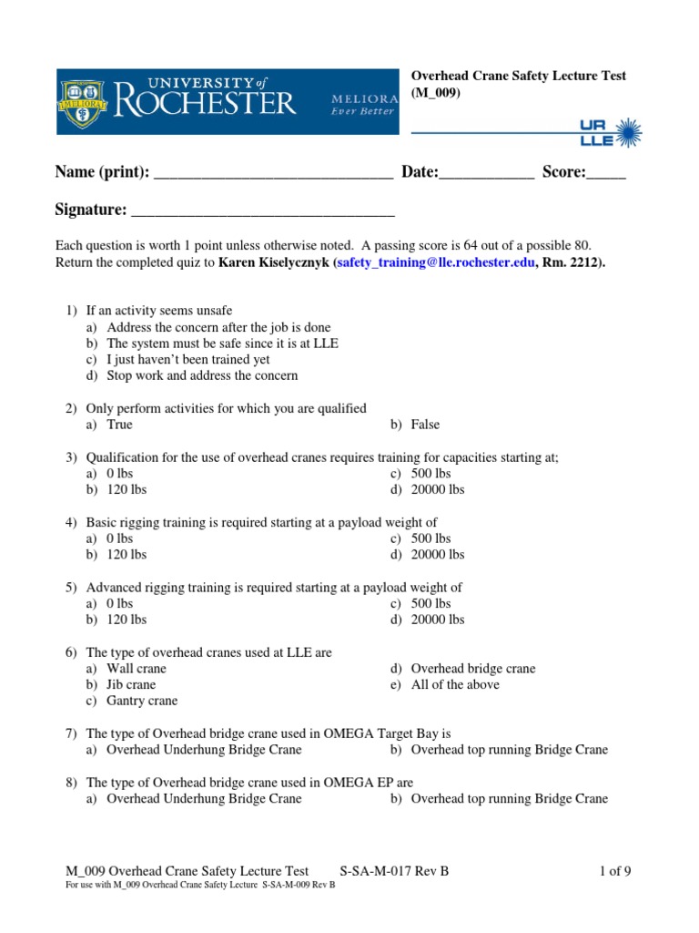 Overhead Crane Quiz PDF Crane (Machine) Elevator