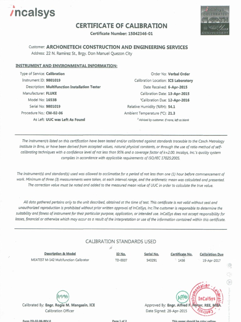 Fluke 1653B Calibration Certificate PDF