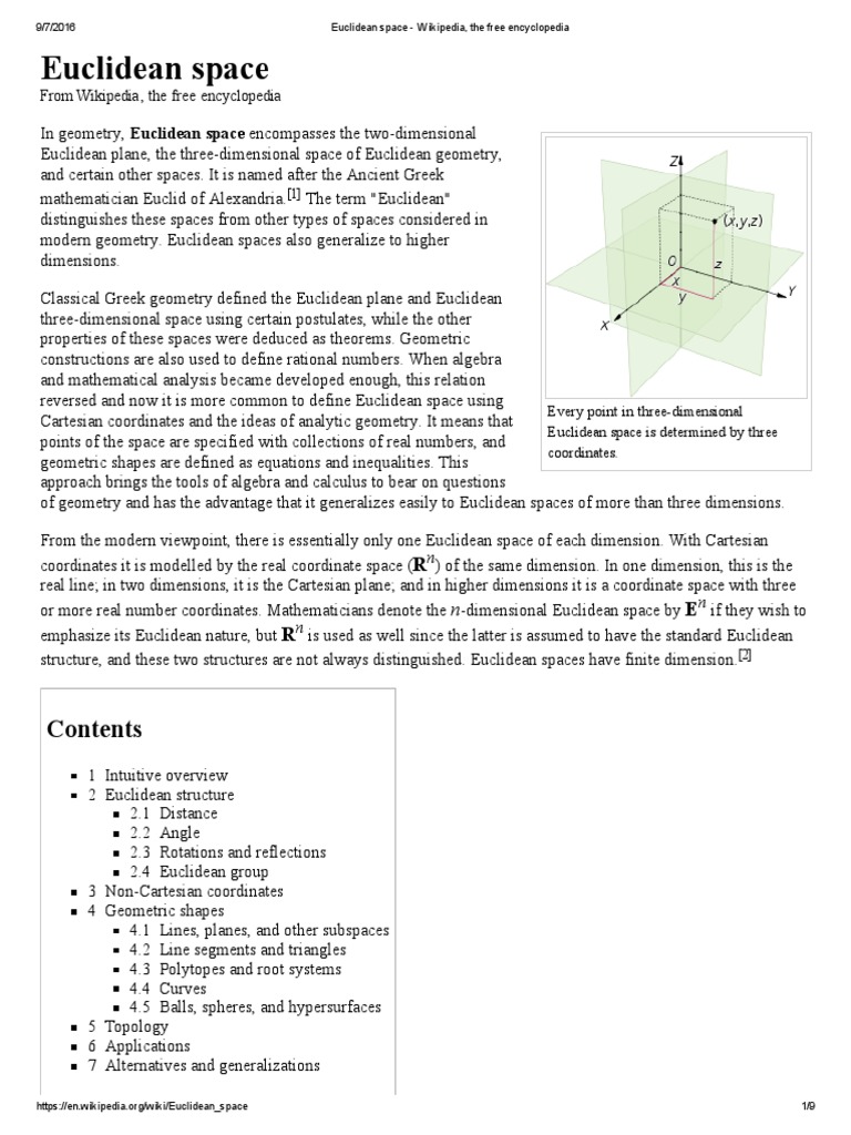 Euclidean Space: From Wikipedia, The Free Encyclopedia | PDF ...