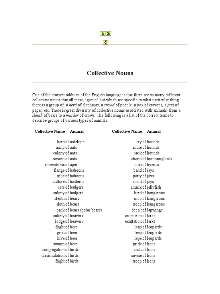 Collective Nouns Sleuth of Bears To A Murder of Crows. The Following Is A List of The Correct