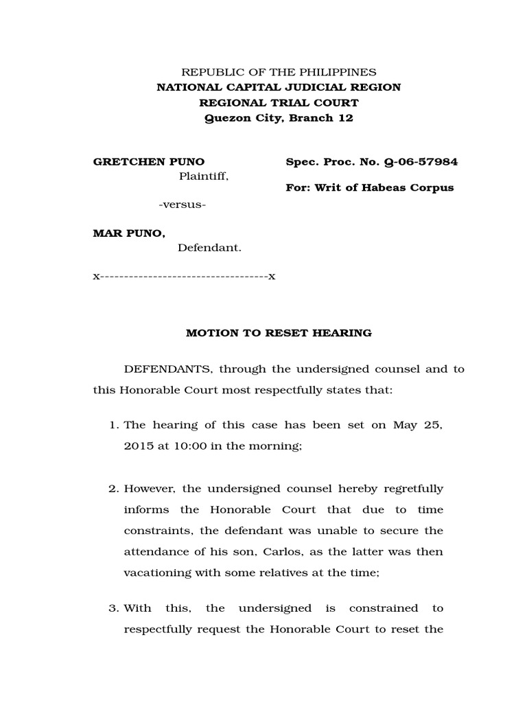 Example of Motion To Reset Hearing PDF Constitutional Law