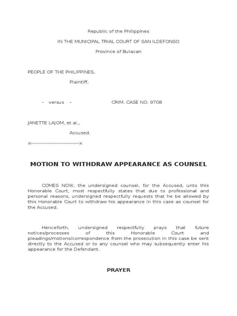 Motion To Withdraw Appearance As Counsel Lajom