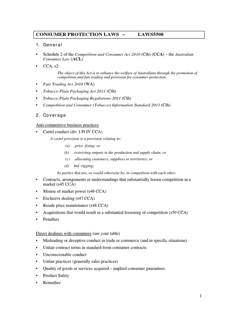 LAWS5508 Outline Consumer Protection Laws | PDF | Government ...