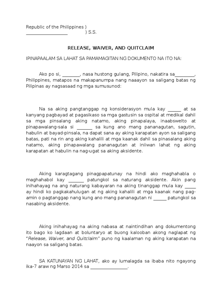 Release Waiver And Quitclaim Vehicular Accident Tagalog Fill And Sign