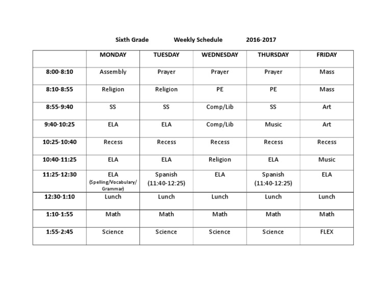 Sixth Grade Weekly Schedule 2016-2017 | PDF | Foreign Language Studies ...