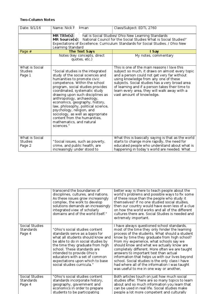 Two-Column Notes Template  PDF  Humanities  Science Regarding Two Column Notes Template