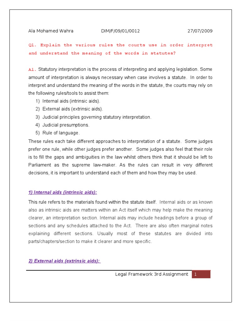 Rules of Statutory Interpretation Plain Meaning Rule Statutory
