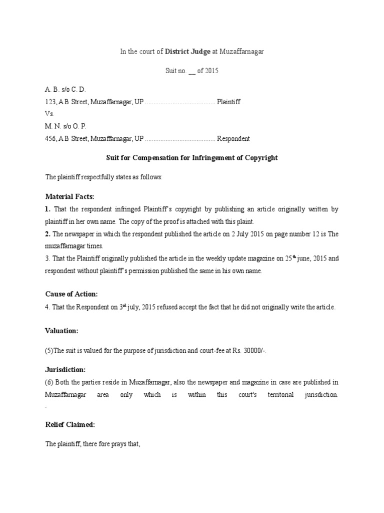 Sample Plaint Lawsuit Copyright