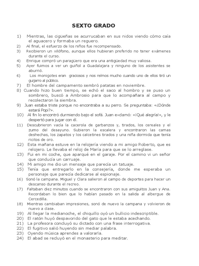 Dictado de Oraciones Sexto Grado PDF Aves Naturaleza