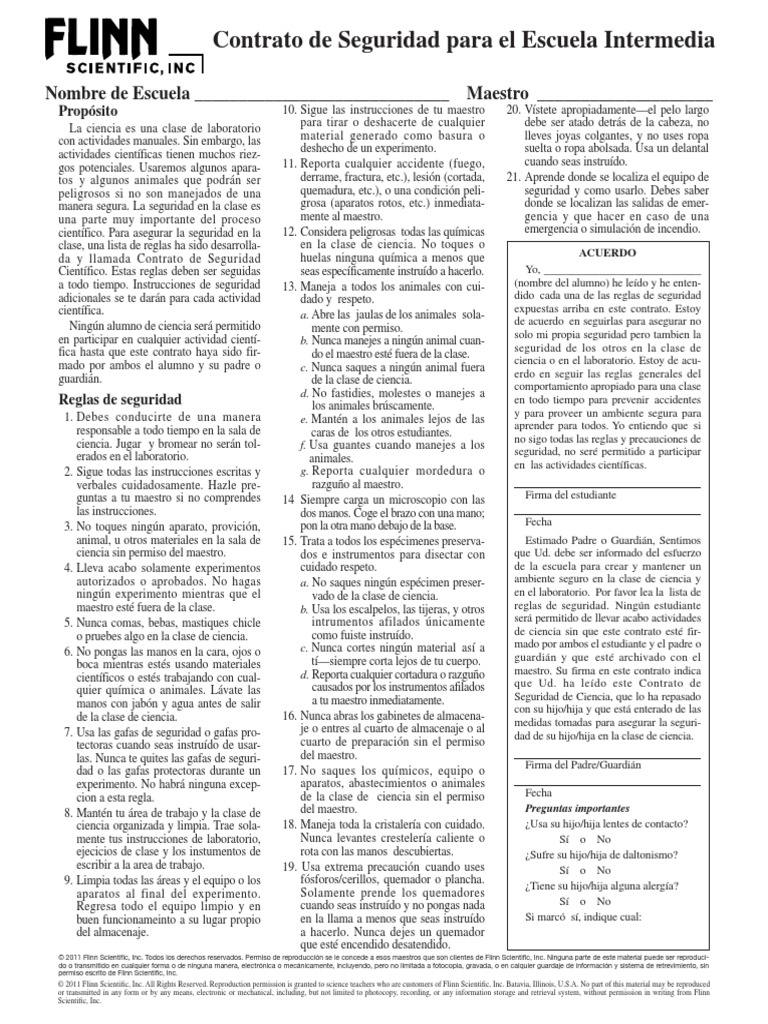 Flinn Safety Contract Spanish PDF Laboratorios Science