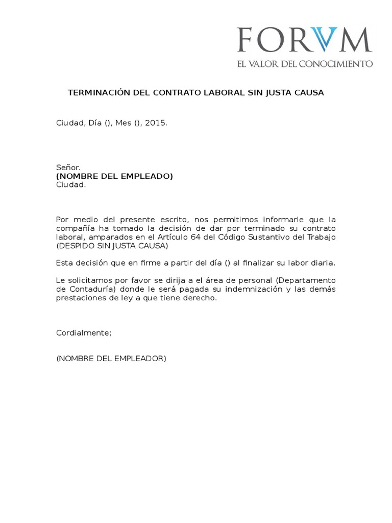 Terminación de contrato sin justa causa ejemplo