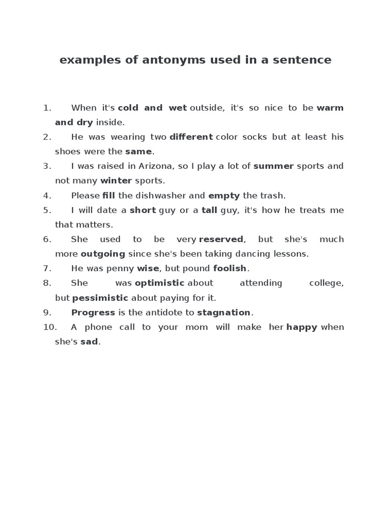 Worksheet Ten Exampes Of Antonyms examples of antonyms used in a sentence