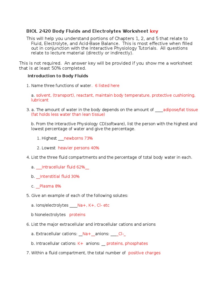 BIOL 2420 Body Fluids and Electrolytes Worksheet Key PDF