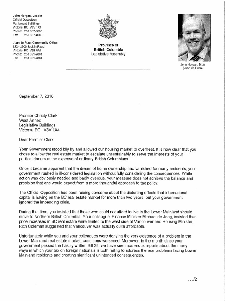 Letter to the Premier British Columbia Taxes