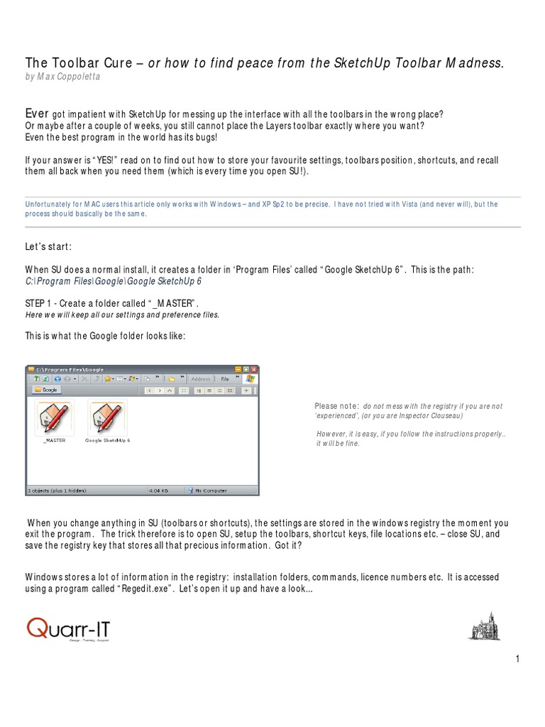 Sketchup Toolbars Settings Windows Registry Microsoft Software