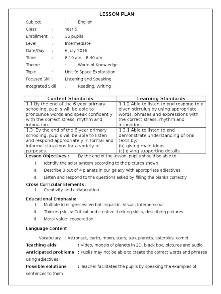 Lesson Plan Listening And Speaking Unit 9 Year 5 Lesson Plan Teachers