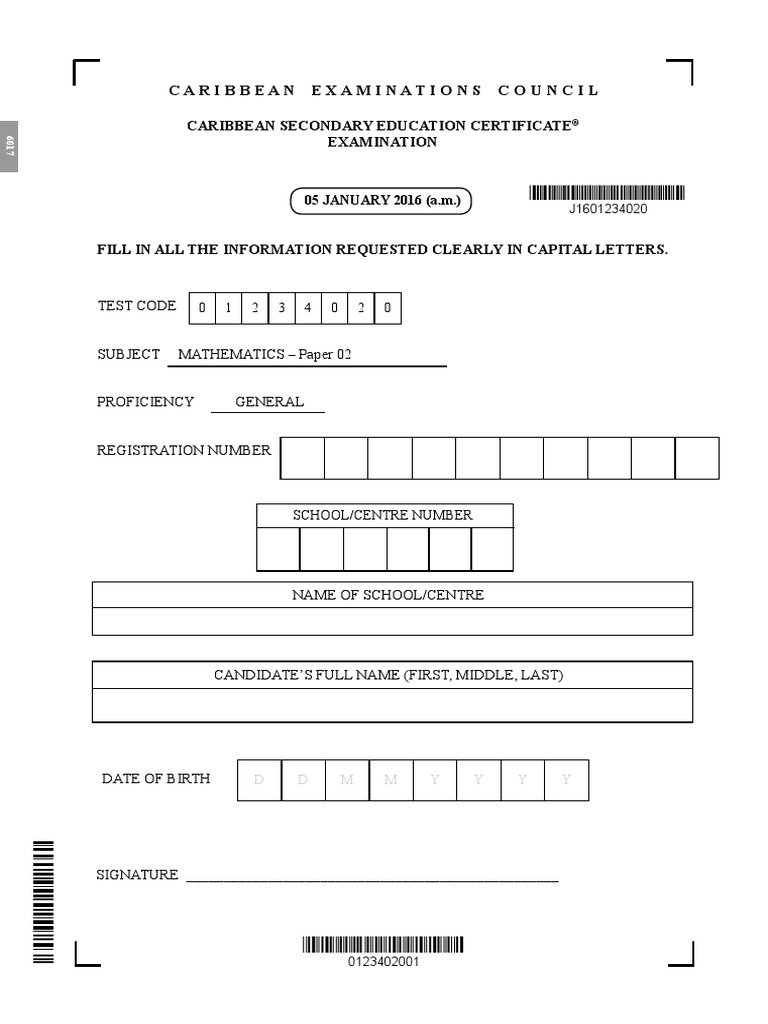 Csec Mathematics January 2016 | PDF | Area | Geometry