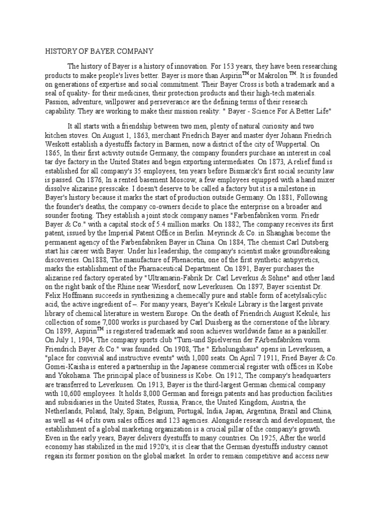 History of Bayer Company PDF Bayer Chemicals