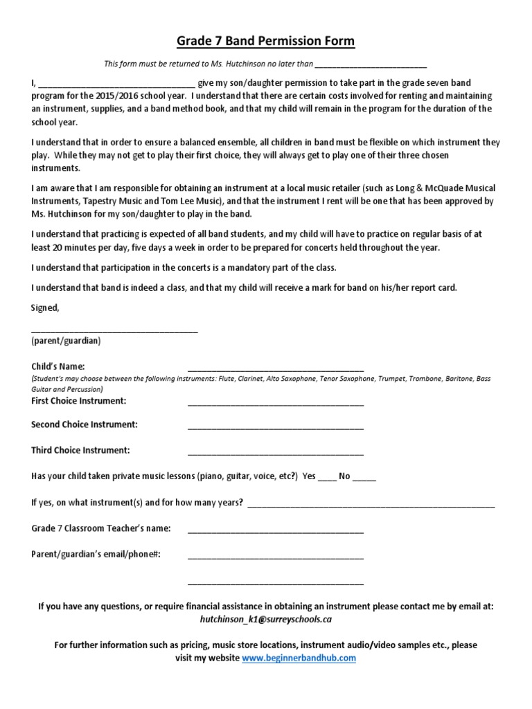 Grade 7 Band Permission Form | PDF