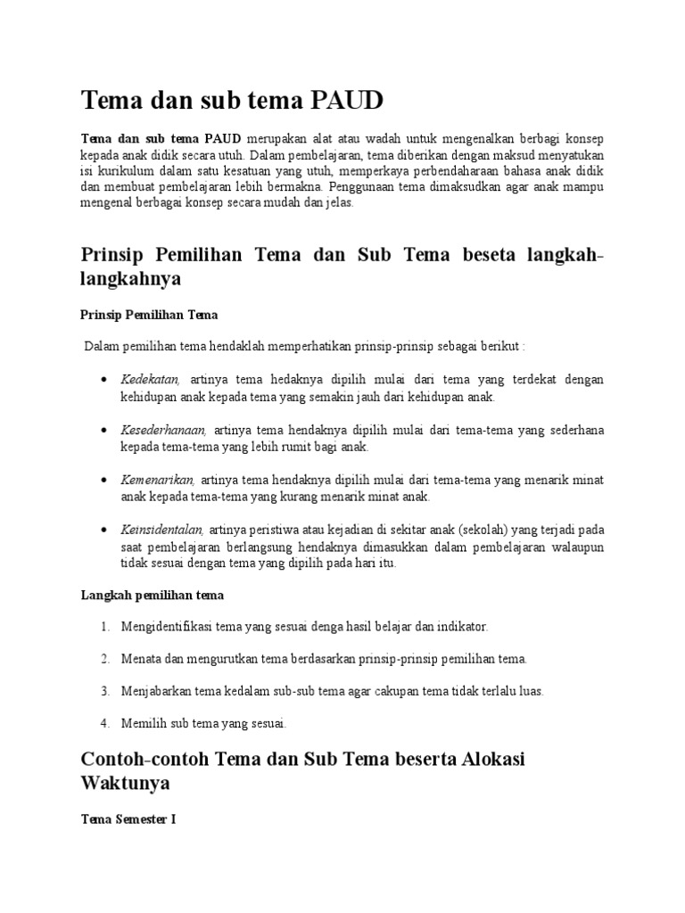 Tema Dan Sub Tema PAUD | PDF