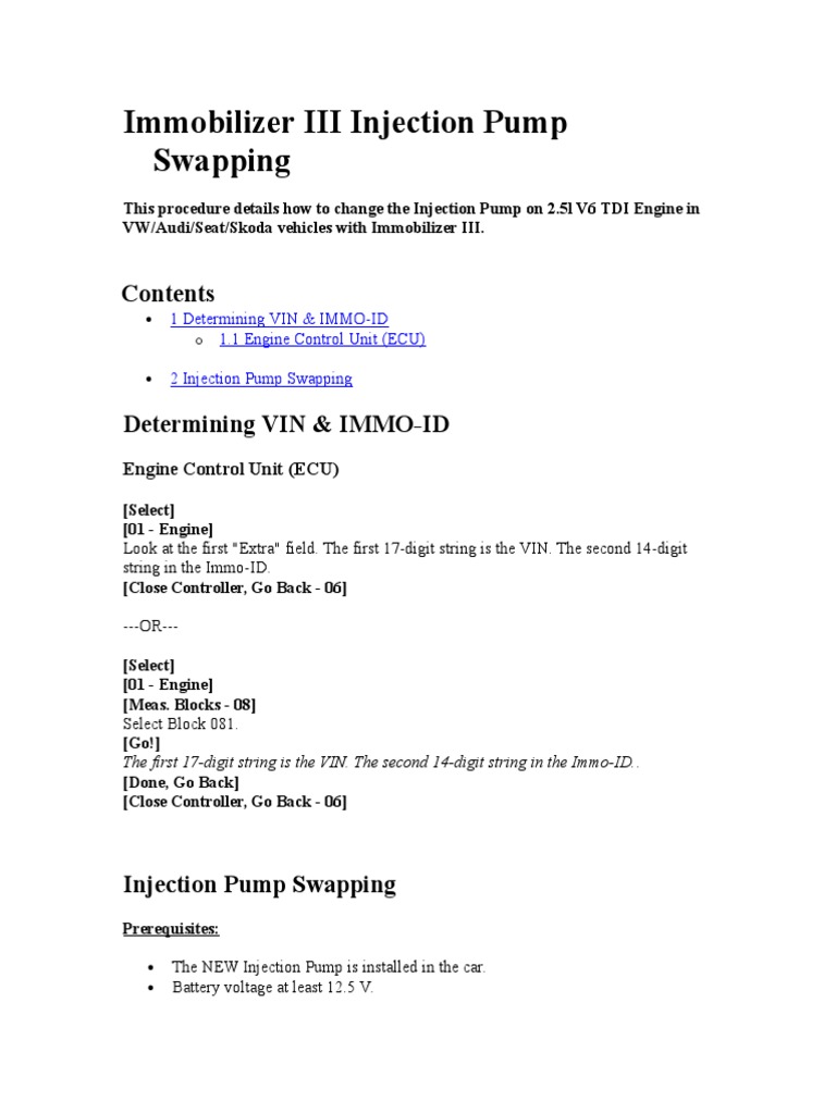 Immobilizer III Injection Pump Swapping | PDF