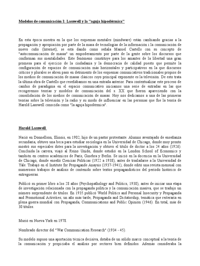Aguja Hipodérmica Lasswel Modelos de Comunicación I