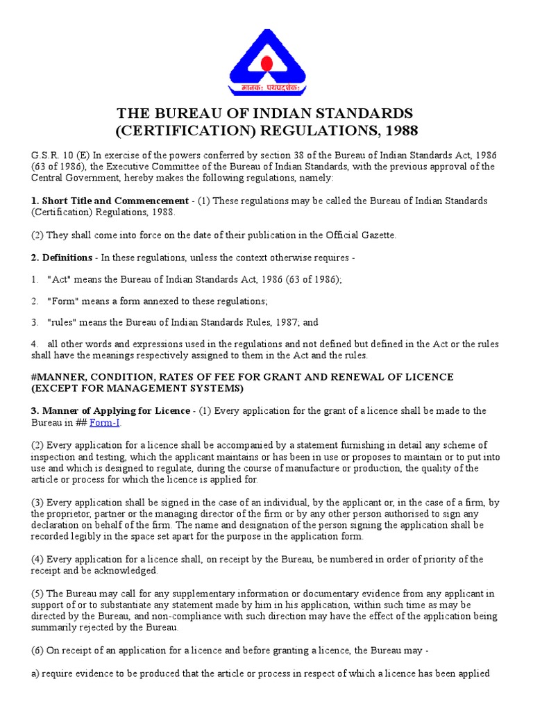 Bureau of Indian Standards, Certification Regulations, 1988 PDF PDF
