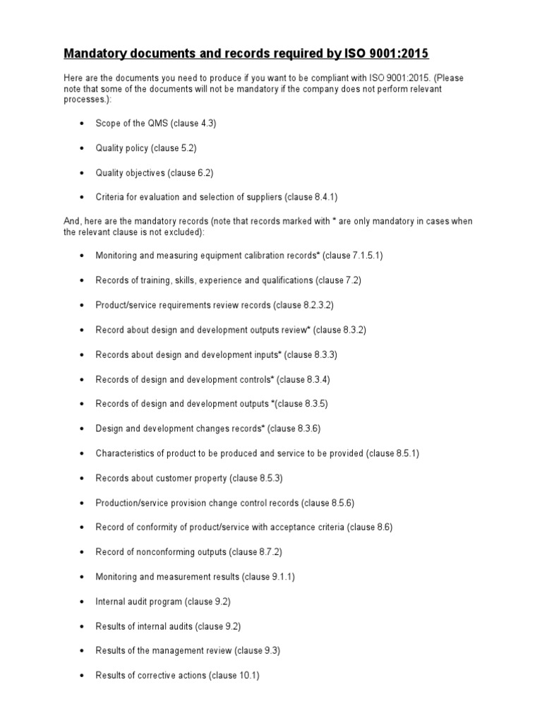 ISO 9001:2015 Mandatory Documents List | PDF | Iso 9000 | Quality ...