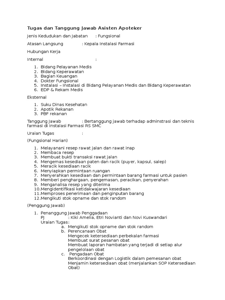 Tugas Dan Tanggung Jawab Asisten Apoteker