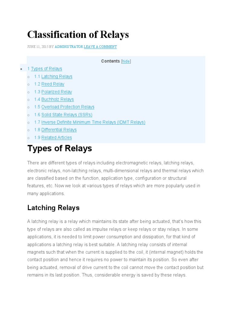 Classification of Relays PDF Relay Electric Current