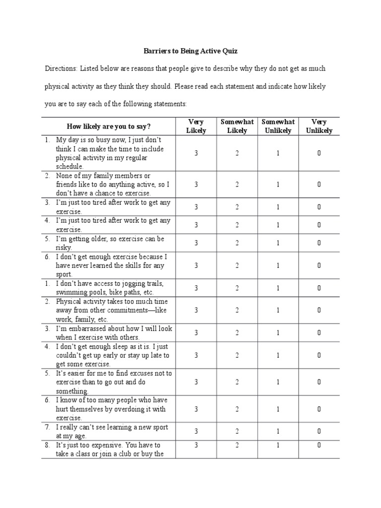Barriers To Being Active Quiz | PDF | Eating | Physical Exercise