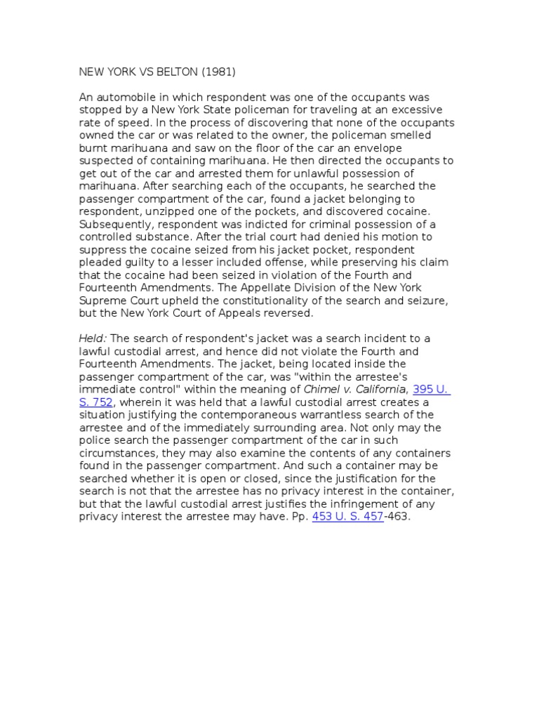 New York Vs Belton PDF Search And Seizure Arrest