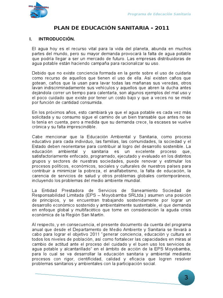 Plan de Educación Sanitaria 2011 | PDF | Sustentabilidad | Agua